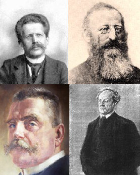 oben links: Arno Holz, oben links: Ludwig Anzengruber, unten links: Detlev von Liliencron, unten rechts: Gerhart Hauptmann